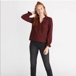 Madewell Embroidered Eyelet Ruffled Popover Top in Merlot